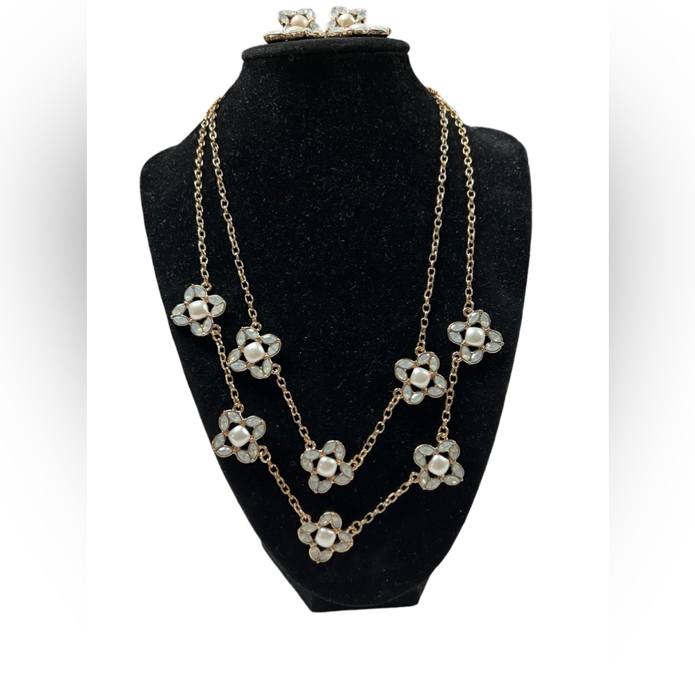 Susan Graver Simulated Pearl & Crystal Necklace Opal/Gold + Matching Earrings